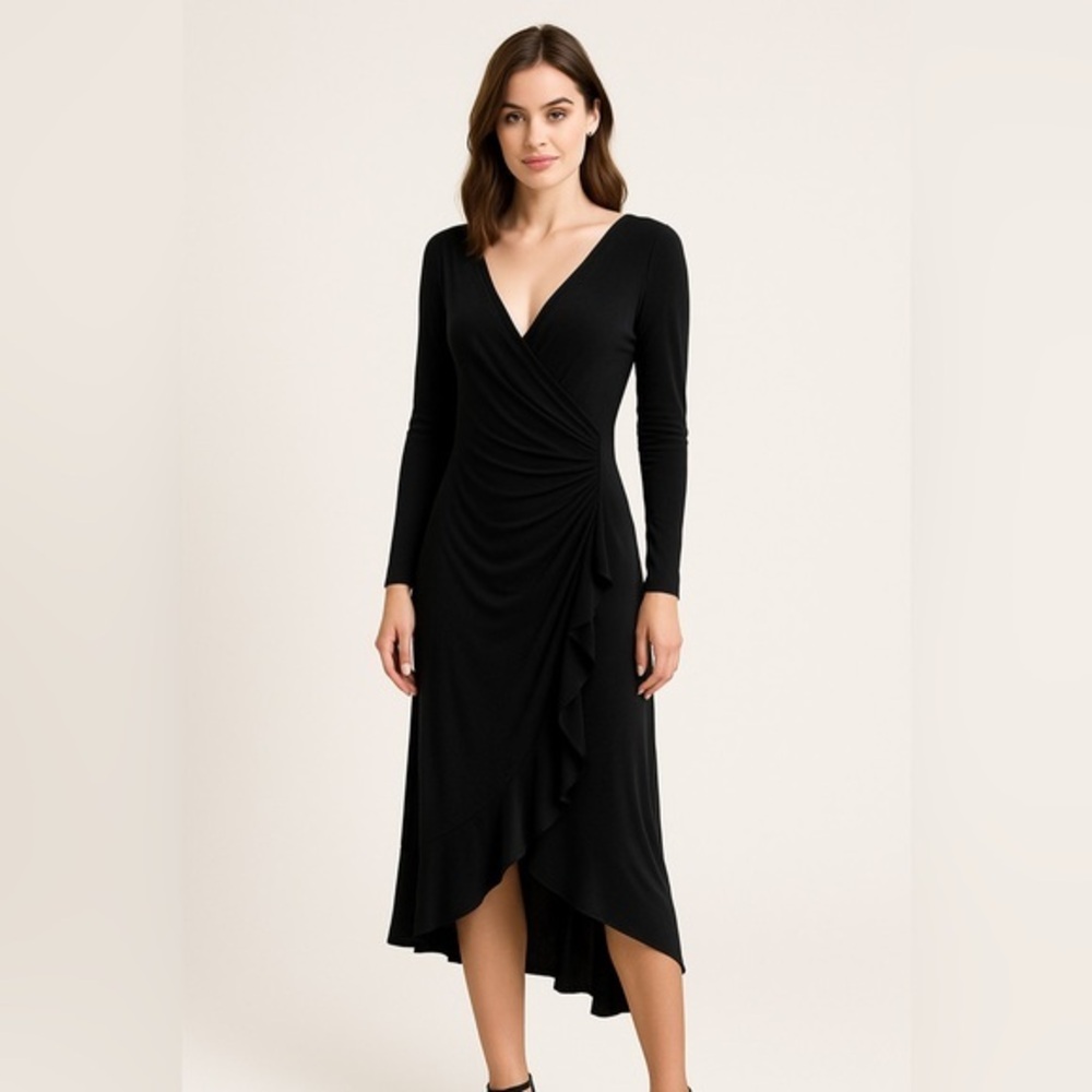 Tracy Reese Women's Black Back Swag Surplice Gathered Midi Dress NWT M #1463